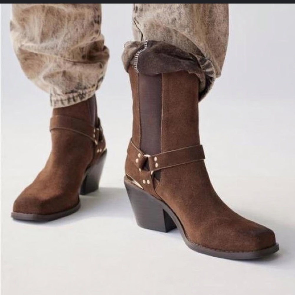 Urban Outfitters Lola square-toe harness biker boot in brown suede leather